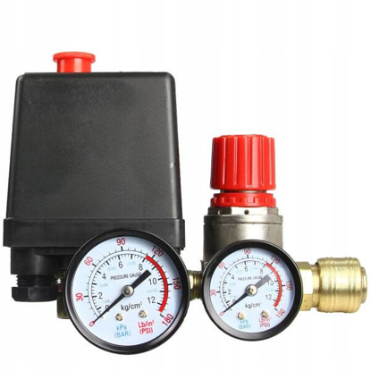 Fotografija izdelka Regulator tlaka z manometri in presostatom za kompresor