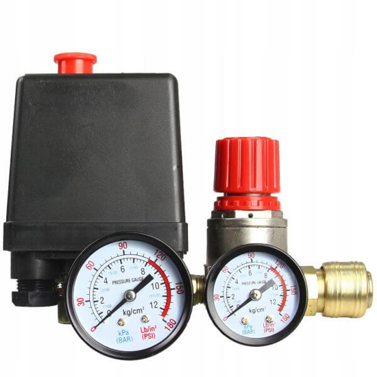 Fotografija izdelka Regulator tlaka z manometri in presostatom za kompresor