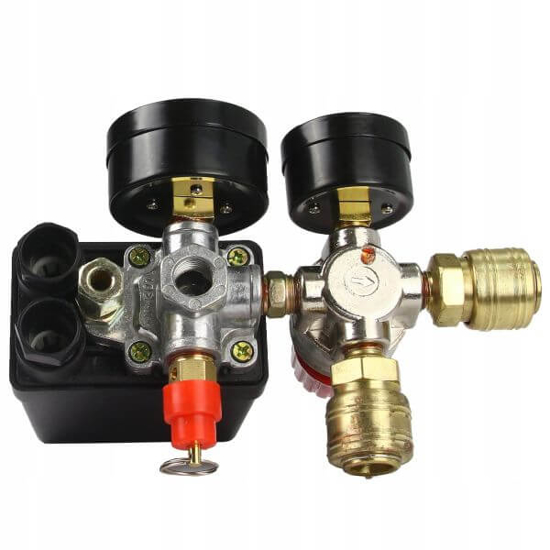 Fotografija izdelka Regulator tlaka z manometri in presostatom za kompresor