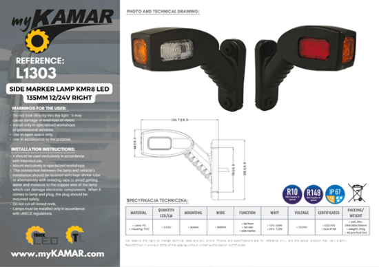 Fotografija izdelka Svetilka označevalna LED  desna  135mm 12/24V