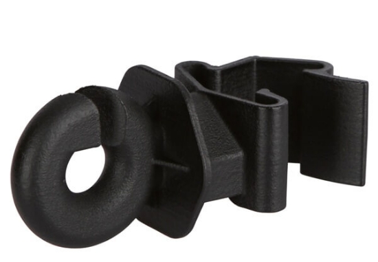 okrogli izolator, T-Post izolator, izolator za T-stebre, električna ograja, pašna ograja, izolator za žico, izolator za vrvico, izolator za pletenico, izolator za trak 10 mm, plastični izolator, vpenjalni izolator, izboljšan vpenjalni sistem, dodatki za ograje, kmetijska ograja, ograje za živino, konjska ograja, ograja za drobnico, montaža brez orodja, UV-odporna plastika, nadomestni izolator, T-post pribor