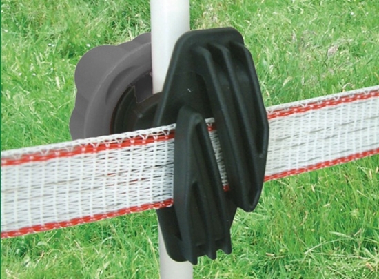 vijačni izolator, Vario Plus, trak do 40 mm, T-post, plastični steber, kovinski steber, odporna umetna masa, pritrditev trak, izolator za ograjo, pašna ograja, montaža ograje